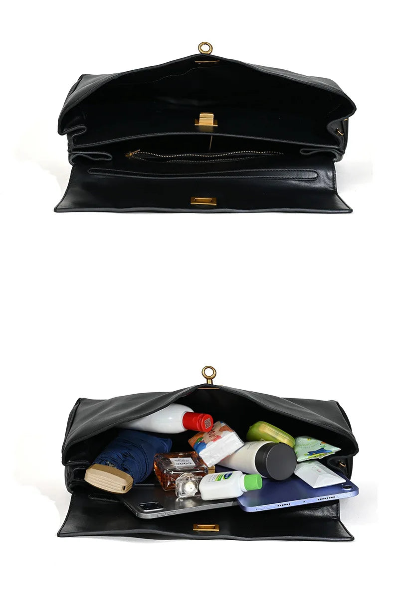 Elevate your style with this genuine leather women's tote bag. Featuring a distinctive gold buckle, this elegant handbag is perfect for commuting and adding a touch of sophistication to your look. -
