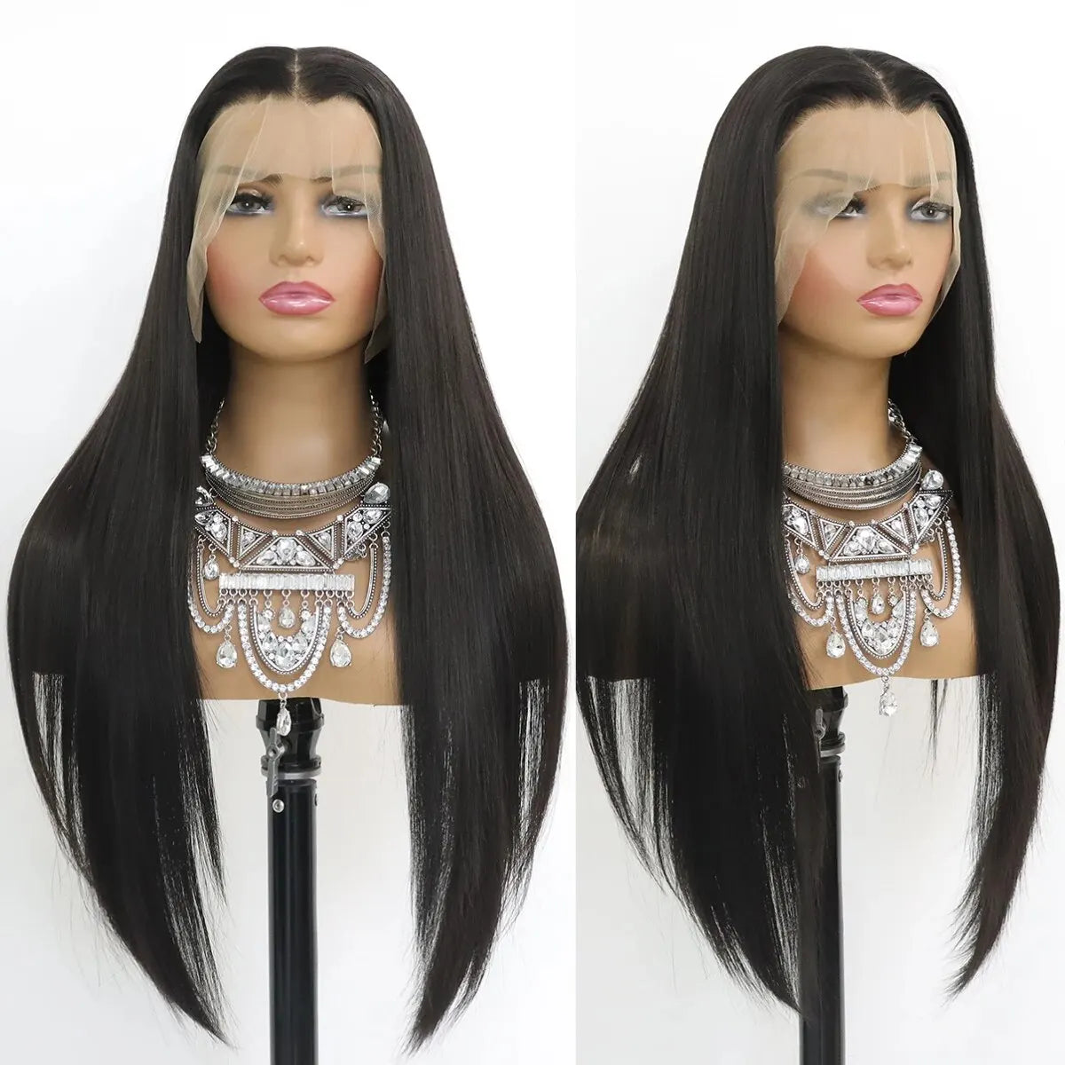 Long Straight Black Lace Front Wig Natural Black Pre Plucked HD Lace Front Wig Glueless Heat Resistant Fiber -