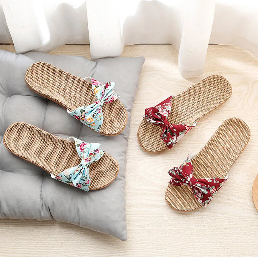 Ladies' Bohemian Style Bow Flower Linen Slippers Sandals Beach Shoes Home Shoes Beach Slippers Indoor Non Slip Shoes 2024 -