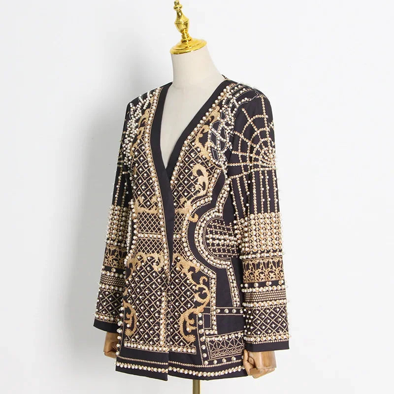Turn heads with this mid-length slim fit blazer for women—featuring a sexy V-neck, full sleeves, regular tight waist, elegant pearl accents, and stylish splice detailing! -