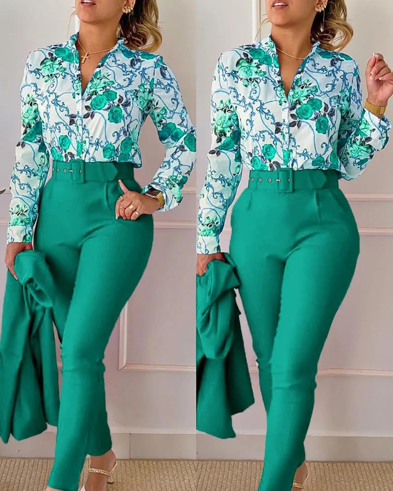 Casual Long Sleeve Shirt Pants Set -