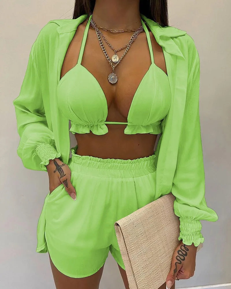 2024 New Bathing Suit Shorts Cover Up Summer Three Pieces Swimwear Sexy Beachwear High Waist Bikini Set Print Women's Swimsuit -