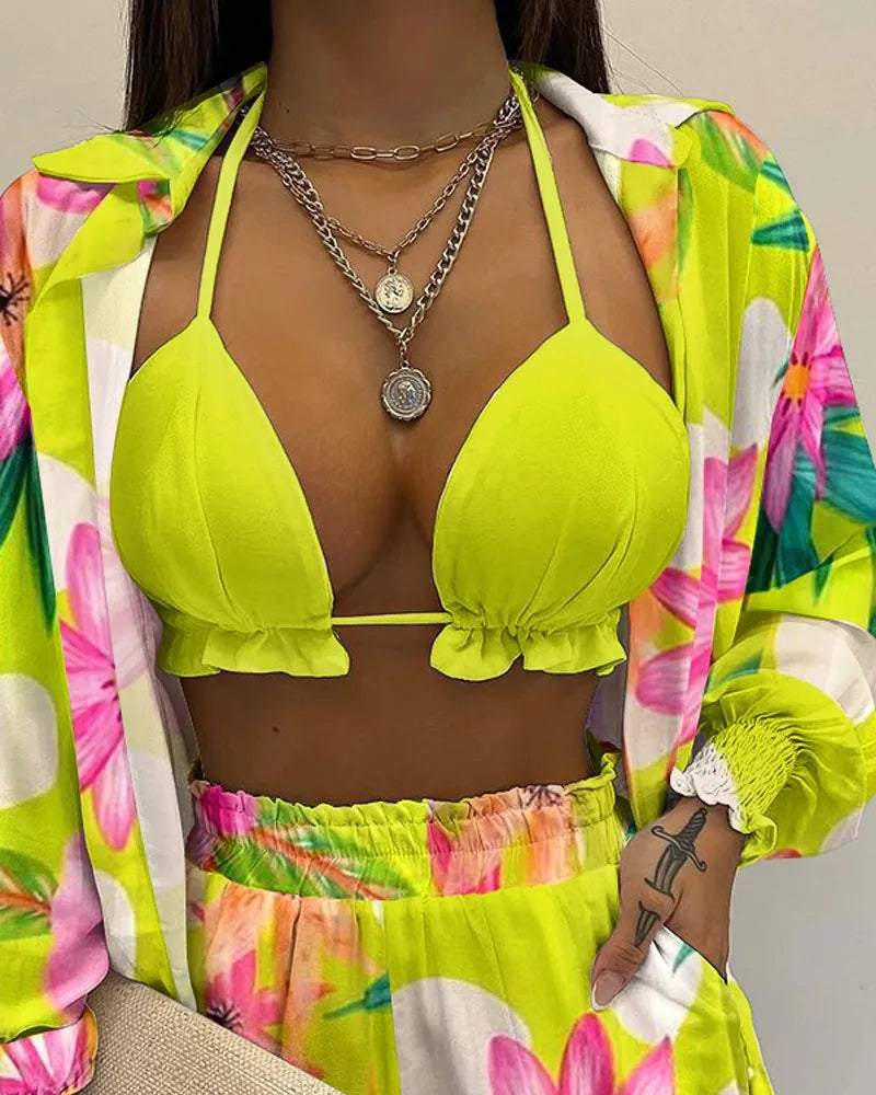 2024 New Bathing Suit Shorts Cover Up Summer Three Pieces Swimwear Sexy Beachwear High Waist Bikini Set Print Women's Swimsuit -