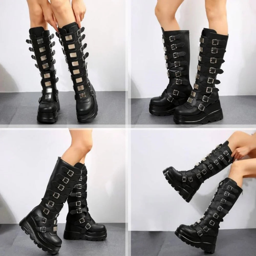 GIGIFOX Goth Metal Buckle Combat Mid-Calf Boots For Women Round Toe Platform Chunky High Wedges Cool Fashion Motorcycle Boots -