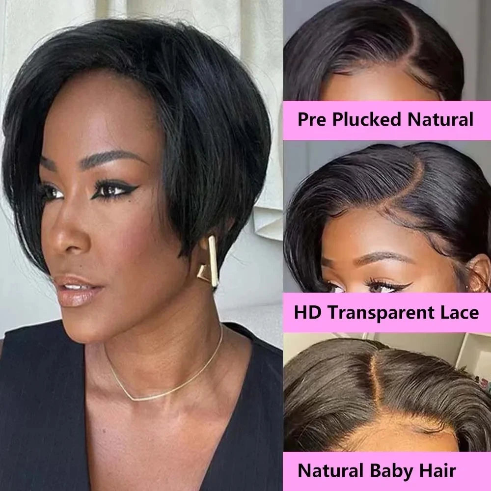 Refresh your style with this 13x4 lace frontal short human hair wig—featuring a trendy pixie cut and natural lace front for a flawless, stylish look! -
