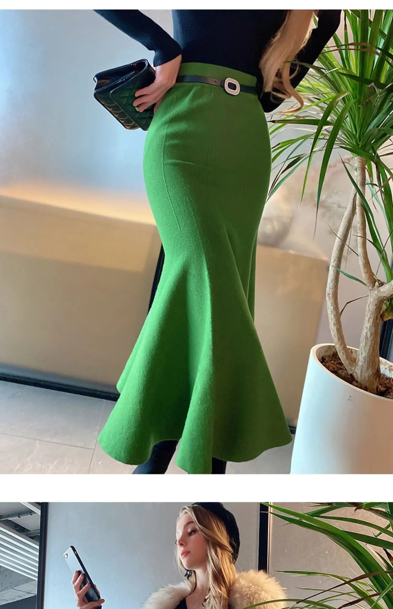 Women's Skirts Knitted Long Skirts for Women Fashion 2025 Autumn Winter Solid Color Green Vintage Slim A-LINE Skirts for Woman -