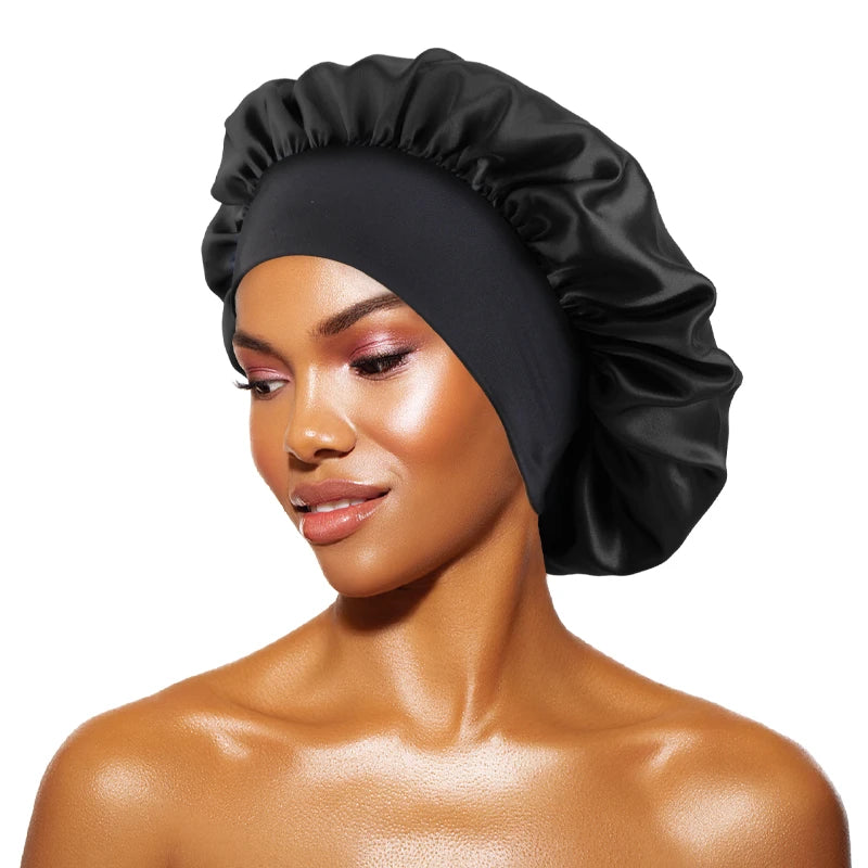 Protect your hair in style with these satin solid bonnets. Featuring a wide-brim design, these hats are perfect for night sleeping or bathing and are suitable for both men and women. -