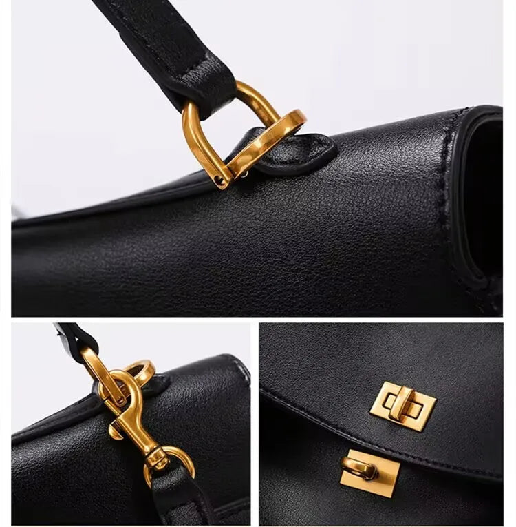 Elevate your style with this genuine leather women's tote bag. Featuring a distinctive gold buckle, this elegant handbag is perfect for commuting and adding a touch of sophistication to your look. -