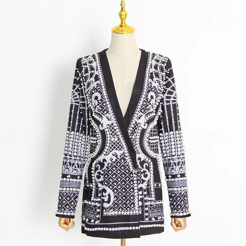 Turn heads with this mid-length slim fit blazer for women—featuring a sexy V-neck, full sleeves, regular tight waist, elegant pearl accents, and stylish splice detailing! -
