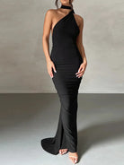 One Shoulder Sleeveless Backless Maxi Dress -