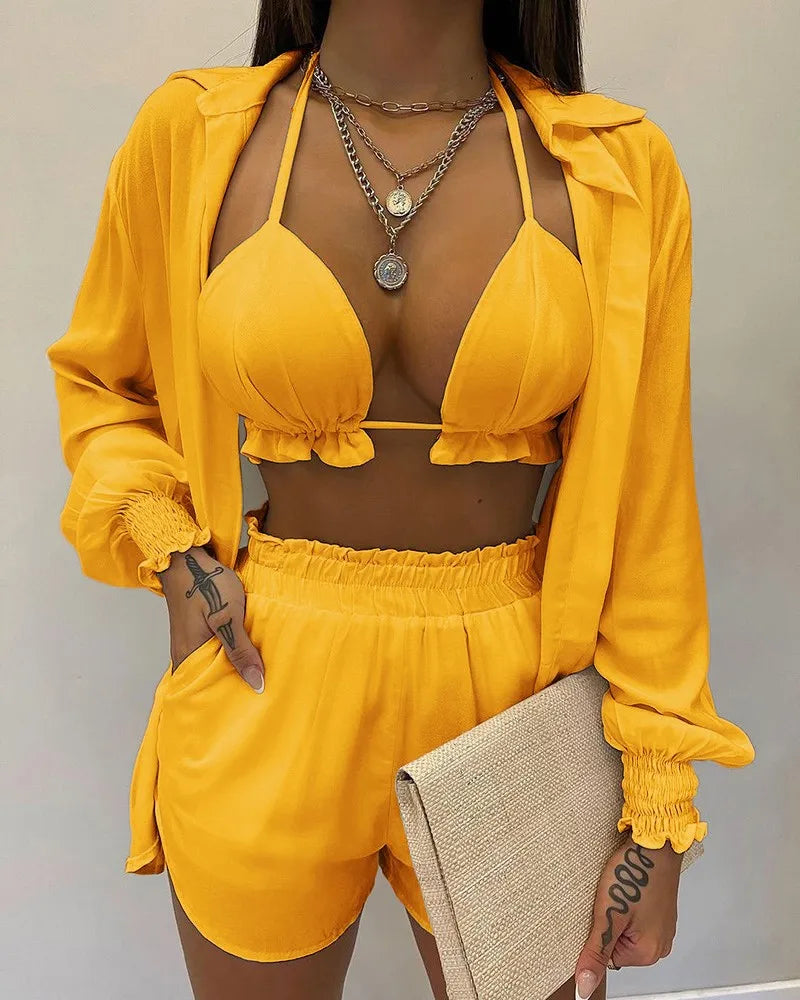 2024 New Bathing Suit Shorts Cover Up Summer Three Pieces Swimwear Sexy Beachwear High Waist Bikini Set Print Women's Swimsuit -