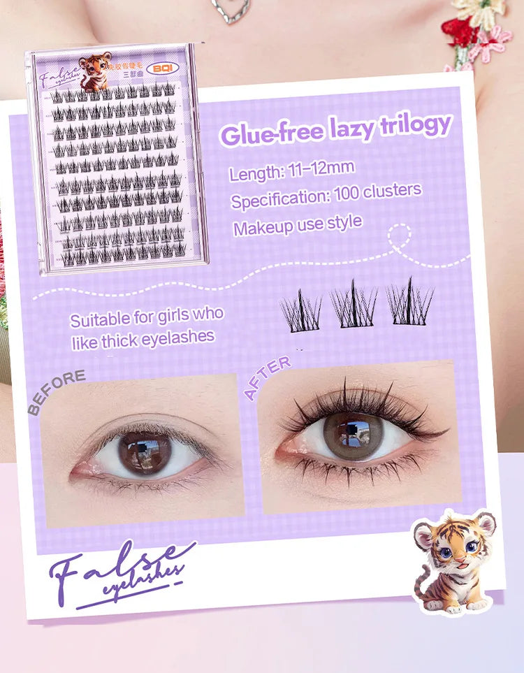 10 Rows of Large Capacity Glue-free False Eyelashes Single Cluster 10-12MM C-curled Natural Self-adhesive false Eyelashes -