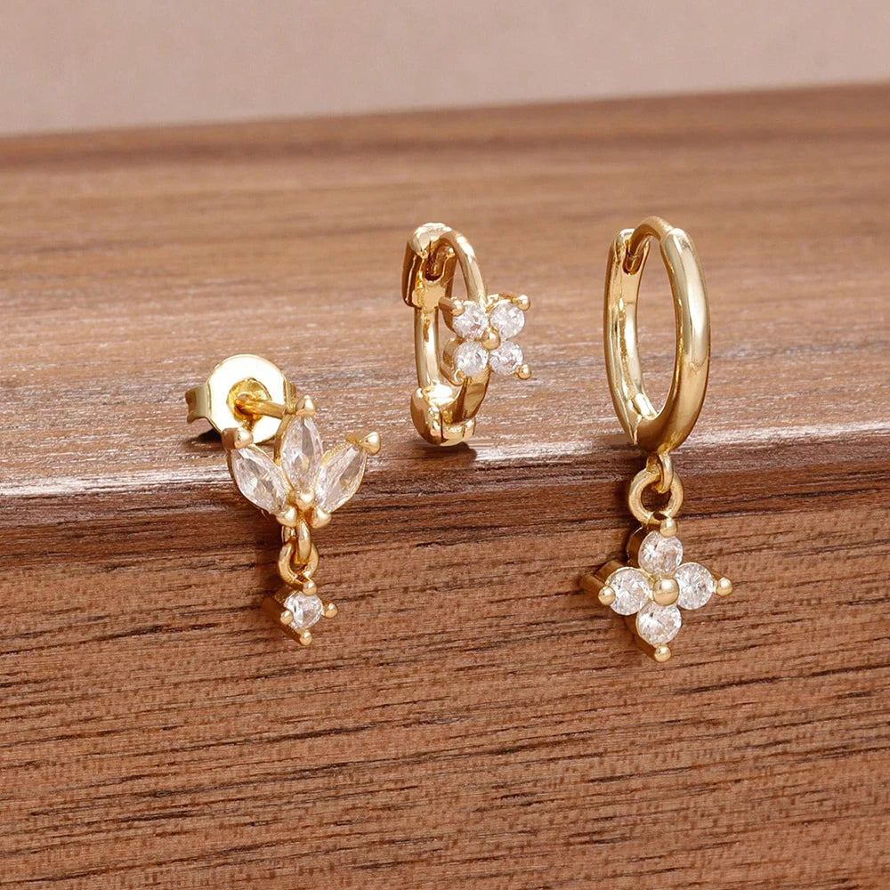 3PCS Stainless Steel Zircon Flower Earring Set for Women -