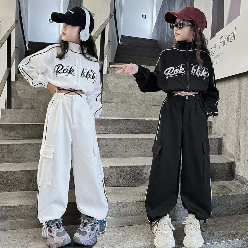 Teen children clothes Girl Dance Clothes Set Short Zipper Coat+Pants 2pcs Kids suit Tracksuits Clothing outfits 5 6 7 9 11 13 15 -