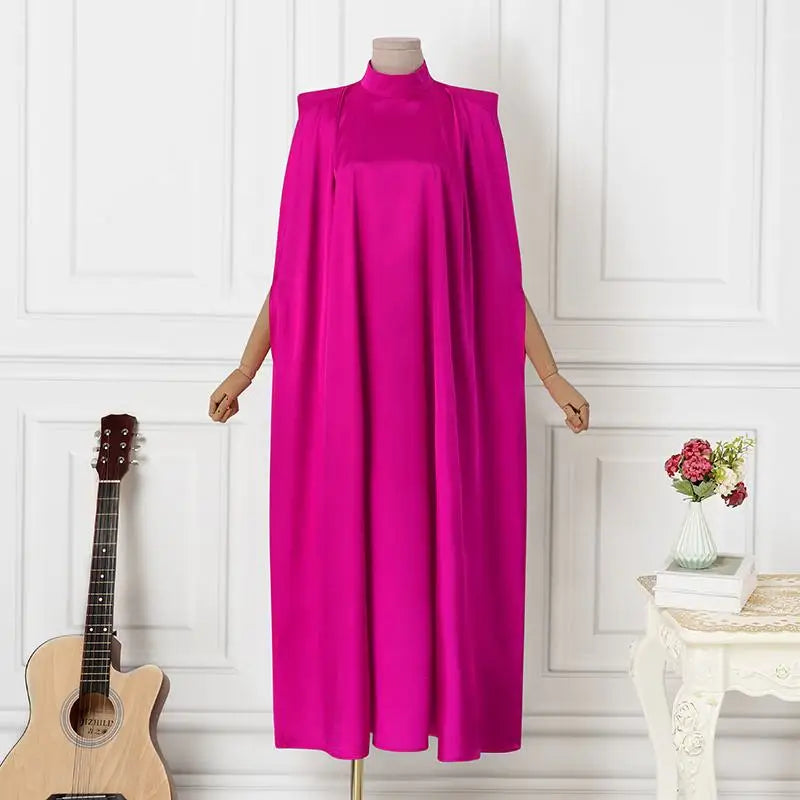 Plus Size 5XL VONDA 2023 Women Stand Collar Elegant Satin Dress Long Bat Sleeve Evening Pleated Maxi Sundress Casual Solid Robe -