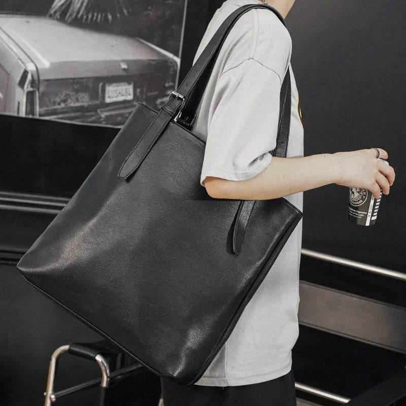 Soft Leather Tote Bag for Men Japanese Korea Style Business Casual Street Handbag Male Large Capacity Zipper Laptop Underam Bags -