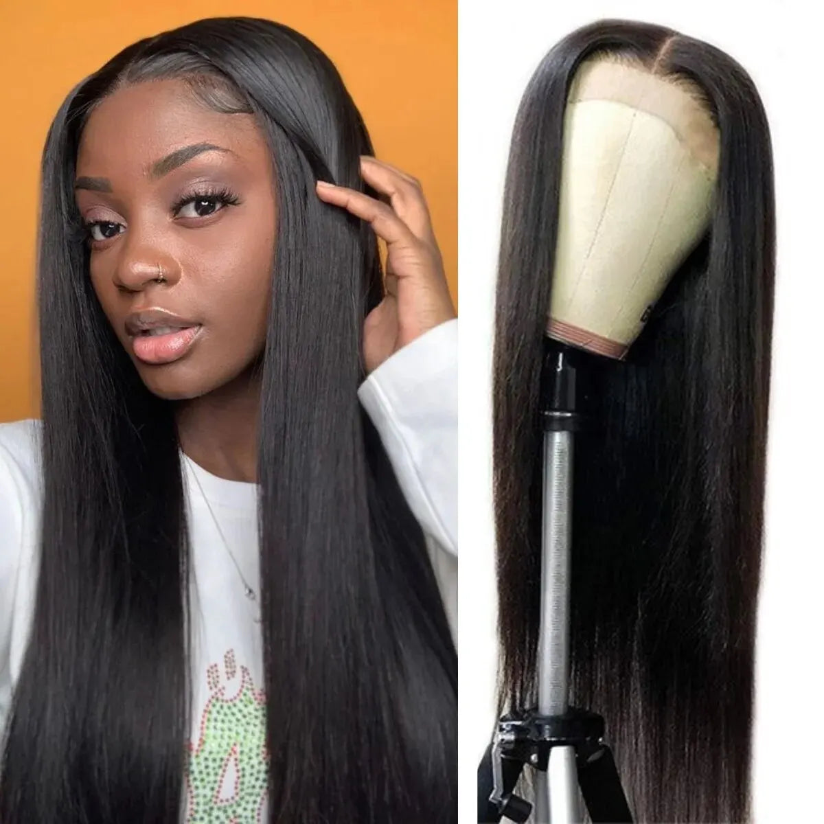 Long Straight Black Lace Front Wig Natural Black Pre Plucked HD Lace Front Wig Glueless Heat Resistant Fiber -