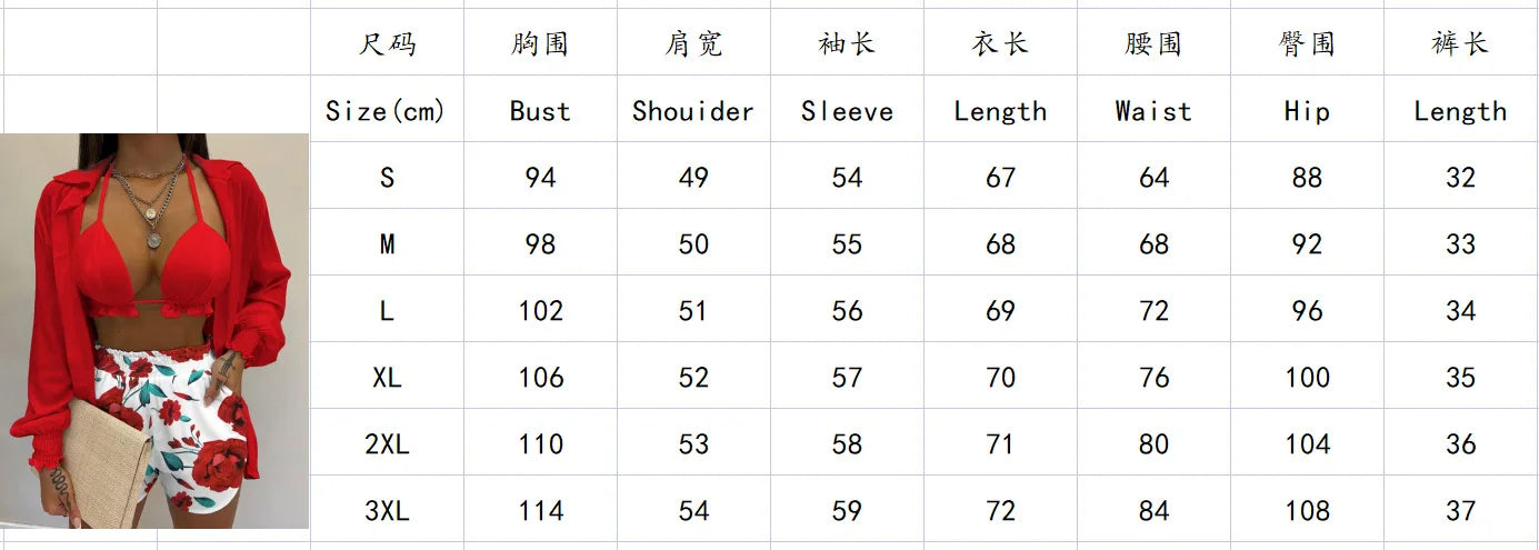 2024 New Bathing Suit Shorts Cover Up Summer Three Pieces Swimwear Sexy Beachwear High Waist Bikini Set Print Women's Swimsuit -