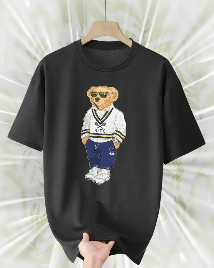 Men's Fashion Loose Round Neck T-shirt Casual Street Style with Teddy Bear Graphic Printed Short Sleeve Perfect Gift for Him -