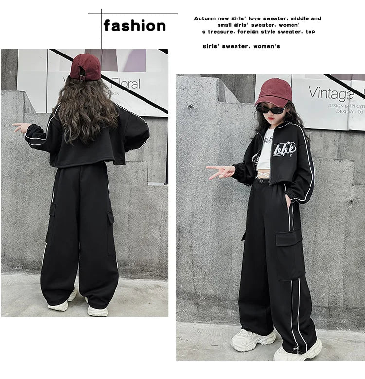 Teen children clothes Girl Dance Clothes Set Short Zipper Coat+Pants 2pcs Kids suit Tracksuits Clothing outfits 5 6 7 9 11 13 15 -