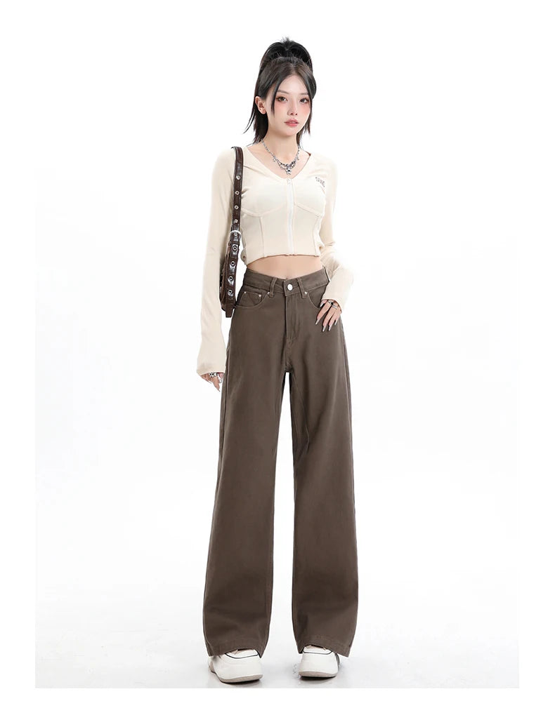 Rock the urban vibe with these baggy, high-street fashion, straight brown jeans for women! -