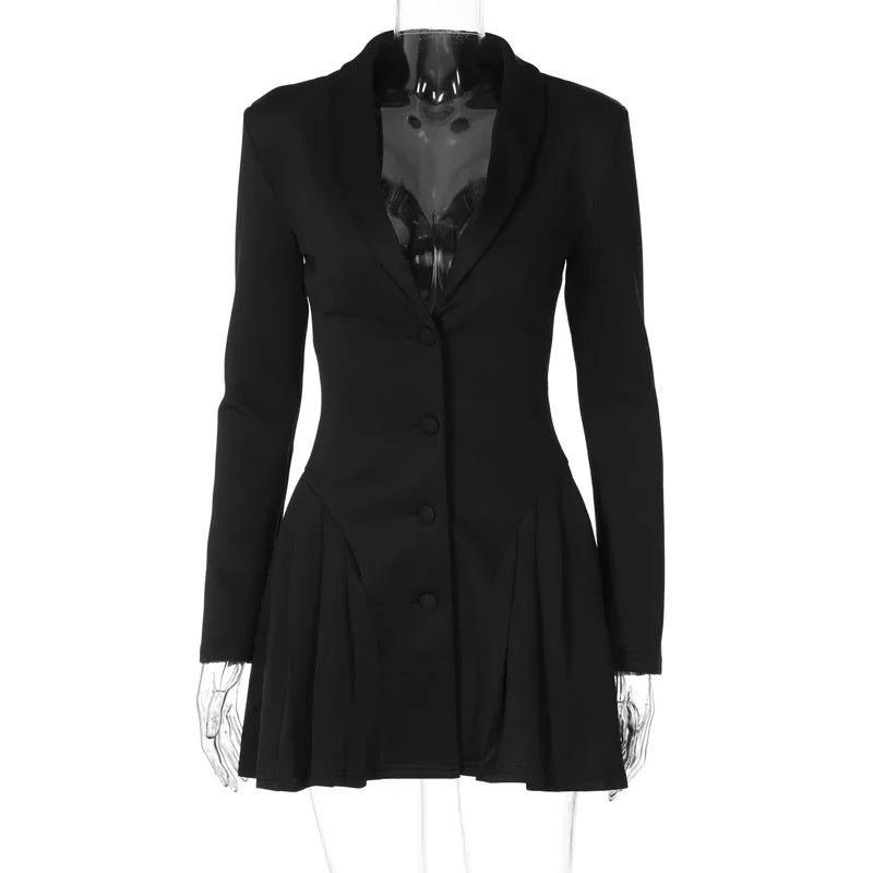 Women Elegant White Single-breasted Pleated Mini Dress -
