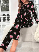 Heart Print Ribbed Frill Trim Pajama Set for Women Sleepwear Knitted Round-Neck Loose Tops Elastic Long Pants Loungewear -