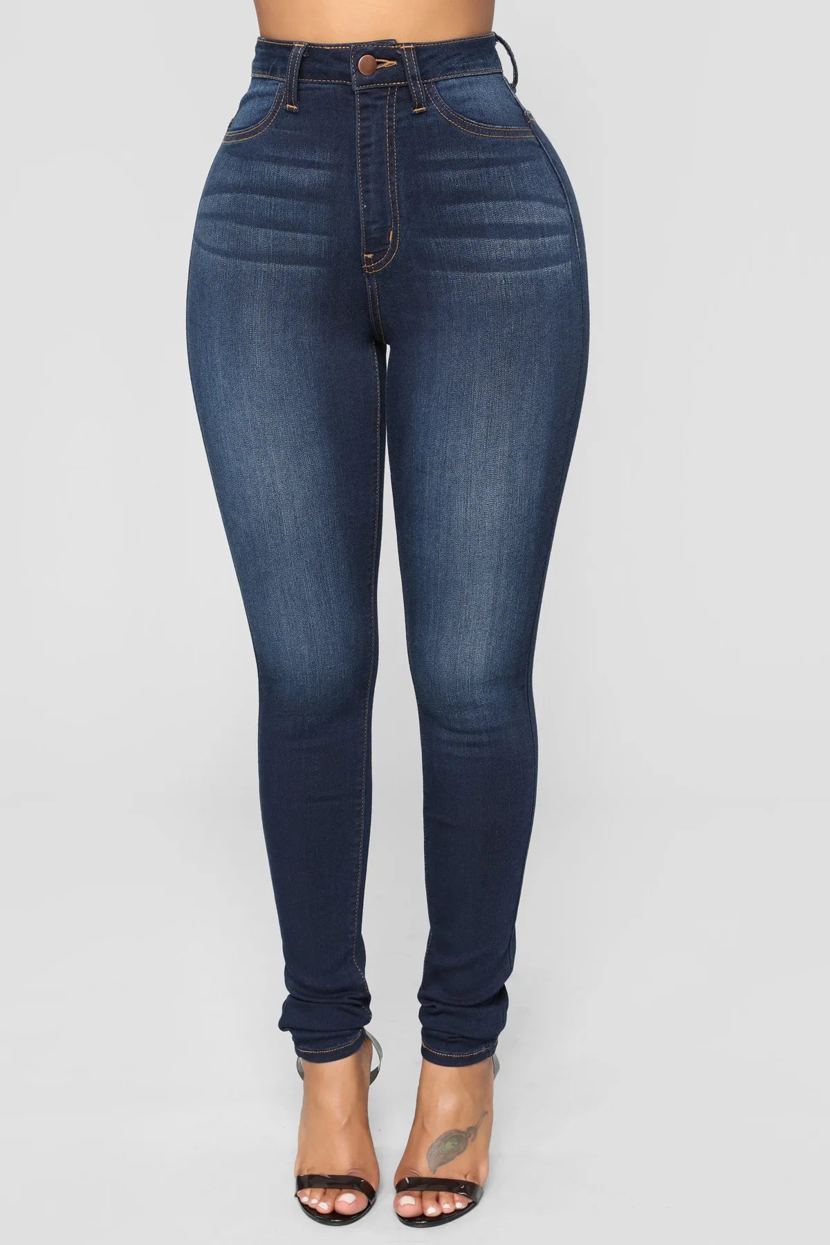 Women High Waist Stretch Hip Lift Denim Skinny Pants Jeans Full Length Sexy Slim Bleachded Solid Color Pants -