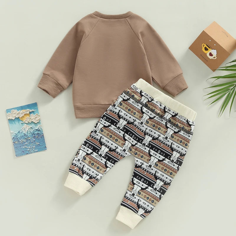 2pcs Autumn Causal Baby Boys Clothes Sets 0-3Y Long Sleeve Letter Cow Bull Print Sweatshirt Tops Drawstring Pants -