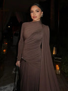Elegant Women Pleated Irregular Patchwork Maxi Dress Chic Long Sleeve High Neack Dresses 2025 Summer Turtleneck Party Prom Gowns -