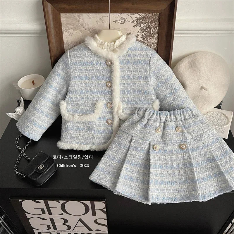 Children's Clothing Sets Tweed Scented Suit Fleece Coat + Pleated Skirt 2pcs Sets Baby Girl Clothes Kids Clothes 2 To 7 Years -