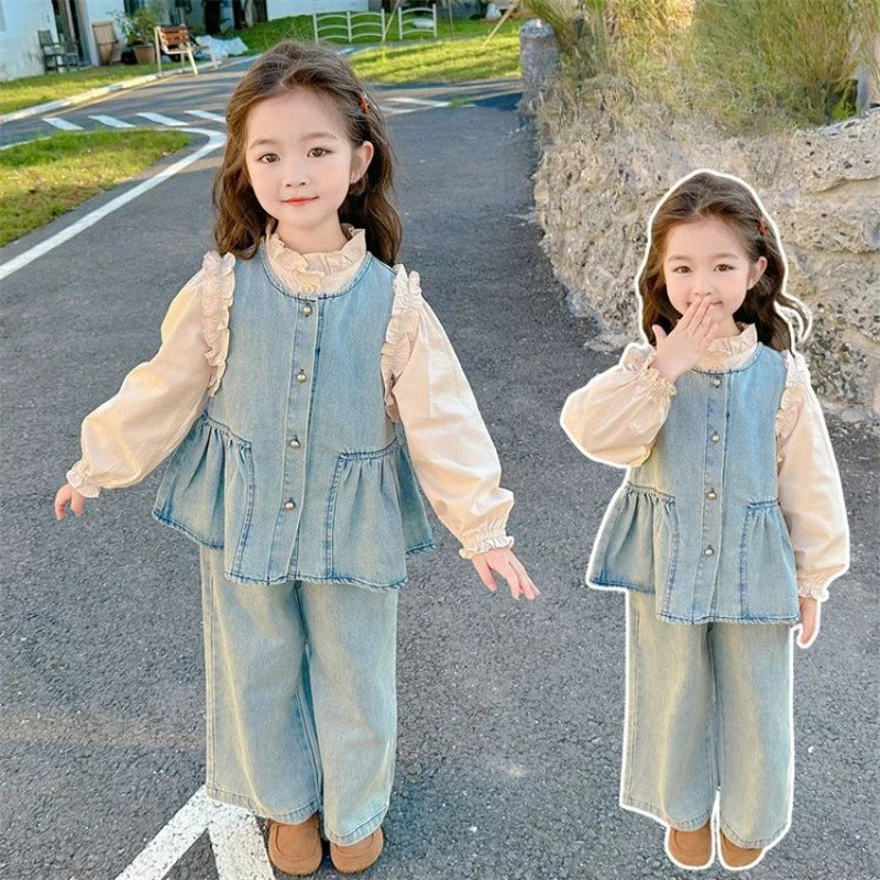 Children's Clothing Sets Girls Denim Vest + Long Sleeve Shirt + Wide Leg Pants Three-piece Suit Toddler Kids Boutique Clothes -