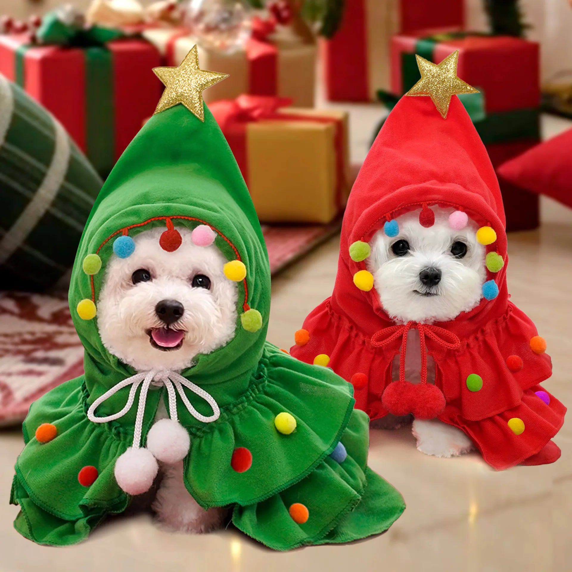 Dress your pets in festive style with this hot dog cloak or cat costume—perfect for Christmas celebrations and adding a touch of cheer to your furry friends' wardrobe! -