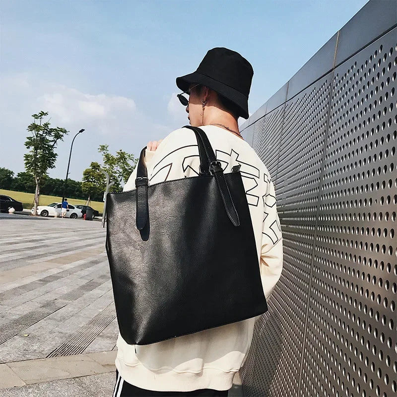 Soft Leather Tote Bag for Men Japanese Korea Style Business Casual Street Handbag Male Large Capacity Zipper Laptop Underam Bags -