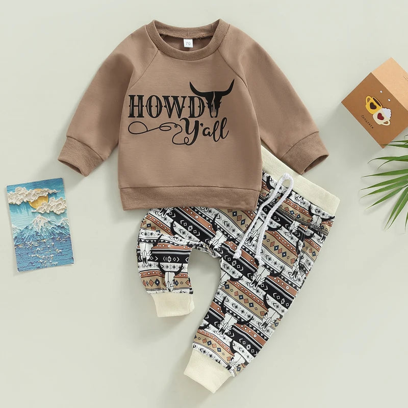 2pcs Autumn Causal Baby Boys Clothes Sets 0-3Y Long Sleeve Letter Cow Bull Print Sweatshirt Tops Drawstring Pants -