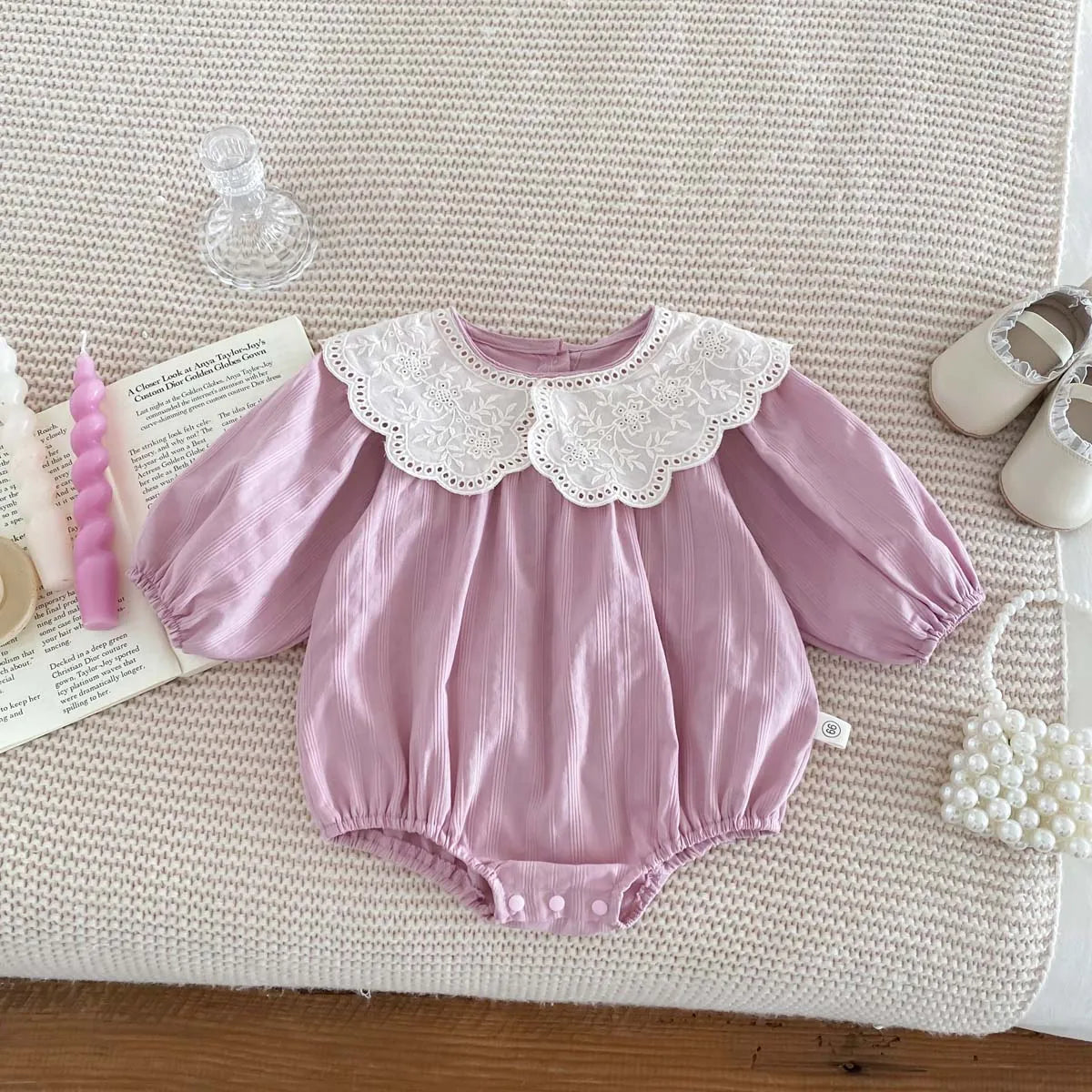 Dress your newborn in adorable style with this fashionable lace baby romper bodysuit—soft, comfy, and perfect for special moments! -