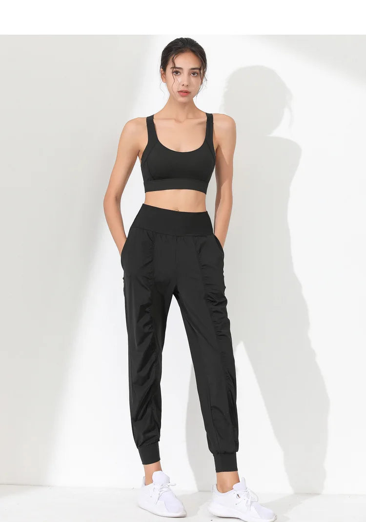 Woman Yoga Pants Loose Slim Quick-Dry Yoga Pants Pleated Hem Bound Running Fitness Capris Pockets Jogging Pants Sports pants -