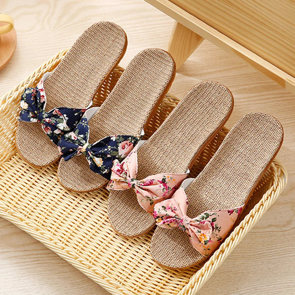 Ladies' Bohemian Style Bow Flower Linen Slippers Sandals Beach Shoes Home Shoes Beach Slippers Indoor Non Slip Shoes 2024 -