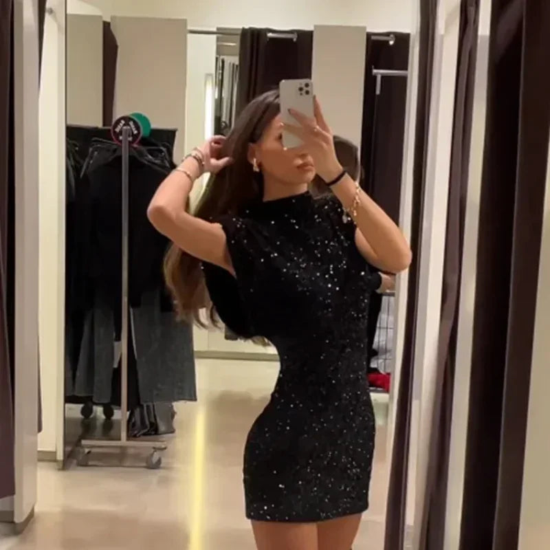Mini Dress for Women Elegant O-Neck Fly Sleeve -
