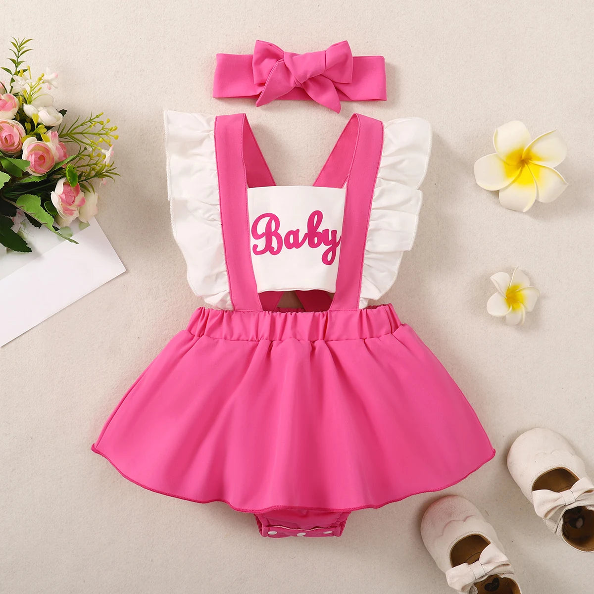 Infant/Toddler Summer Fashion Pink Creeper Dress Including Hair Accessories -