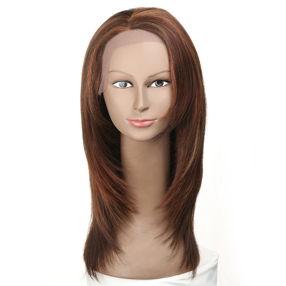 Turn heads with this sleek 18-inch 13x4 lace front Brazilian hair wig—straight, colored, and highlighted for a flawless, natural look! -