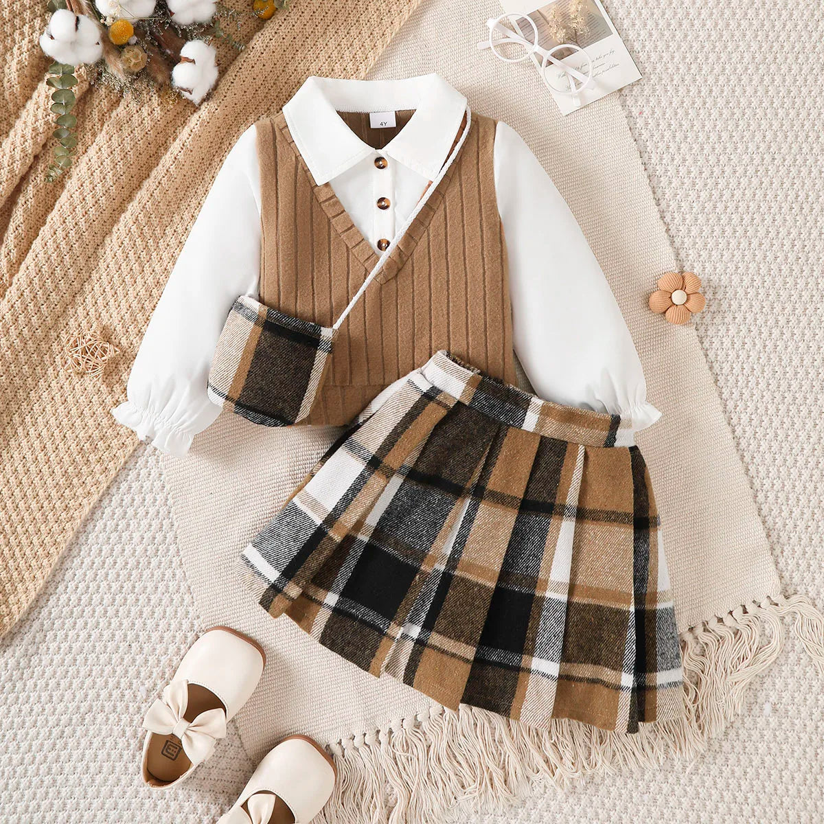 3Pcs Children Girl Set Splicing Fake Two piece Top+Checkered Skirt+Mini Bag Set Suitable Girls 4-7 Year Autumn College Style Set -