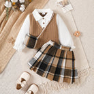 3Pcs Children Girl Set Splicing Fake Two piece Top+Checkered Skirt+Mini Bag Set Suitable Girls 4-7 Year Autumn College Style Set -