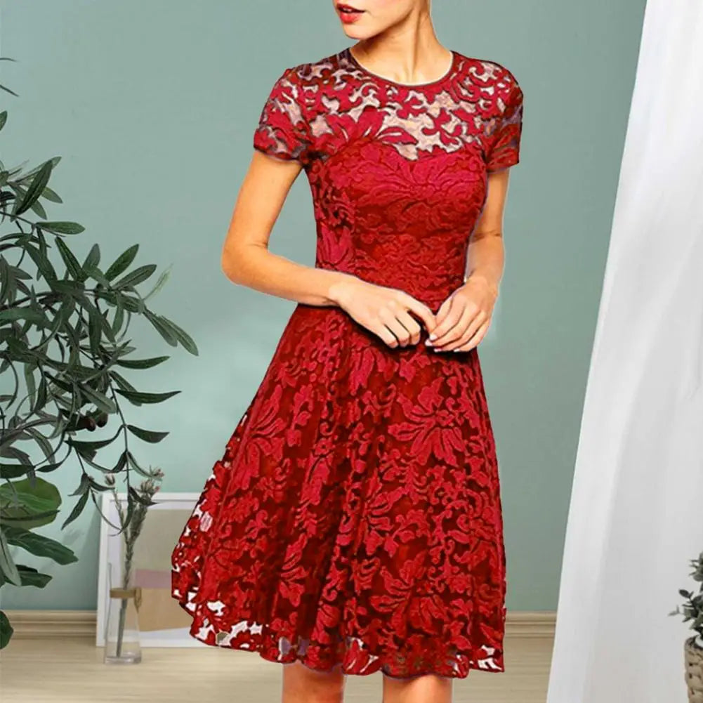 Make a chic statement with this elegant women's dress featuring an O-neck design, transparent lace, and hollow detail—a perfect choice for a sophisticated and stylish look. -