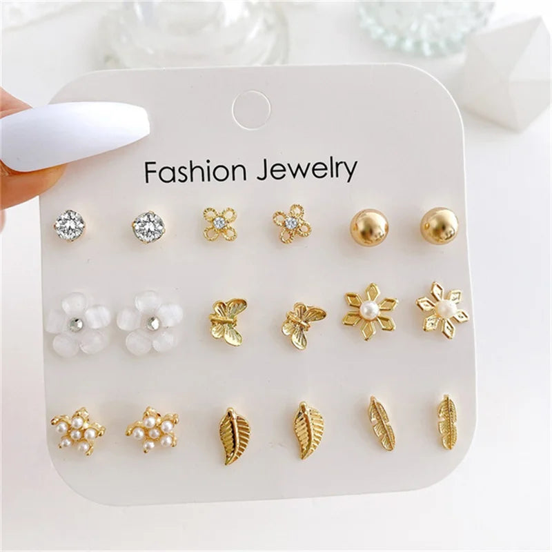 Trendy Vintage Gold Color Earrings Set Pearl Stud Earrings -