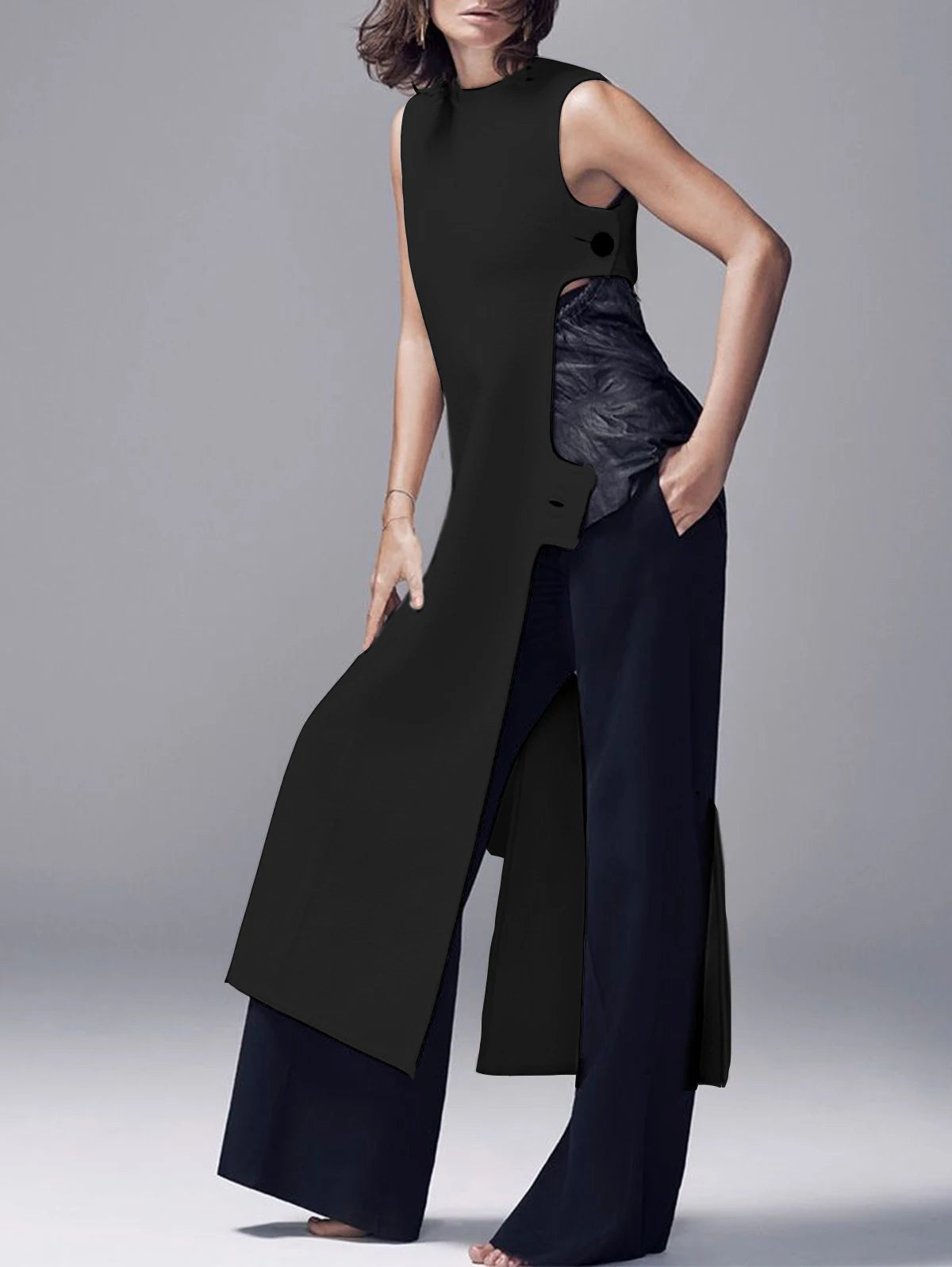 Fashion Plain Crew Neck Sleeveless Button Slit Dress Sexy Vintage Casual Chic Summer Slim Single Button High Street Long Dress -