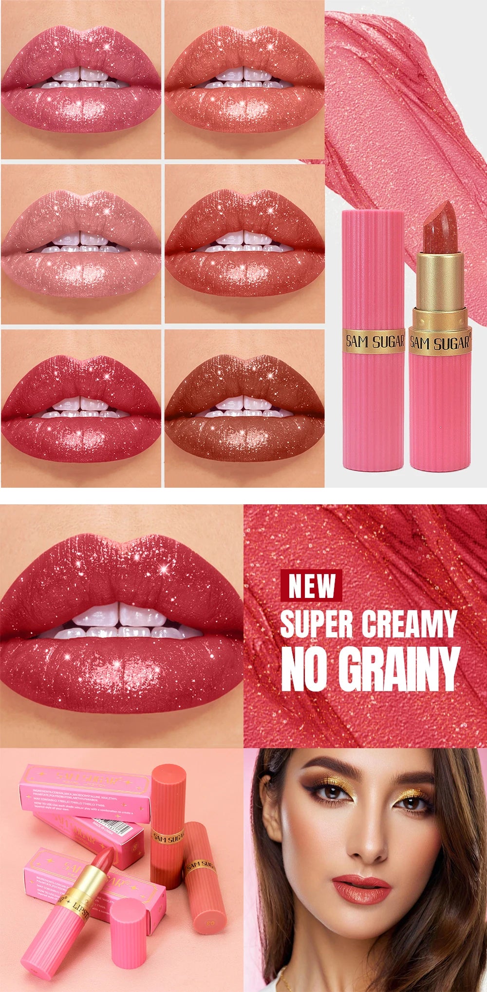 Achieve a bold and glamorous look with this pearlescent pink glitter velvet lipstick. The metallic finish adds a touch of sparkle to your lips, while the waterproof formula ensures long-lasting wear for a stunning and shimmery pout. -