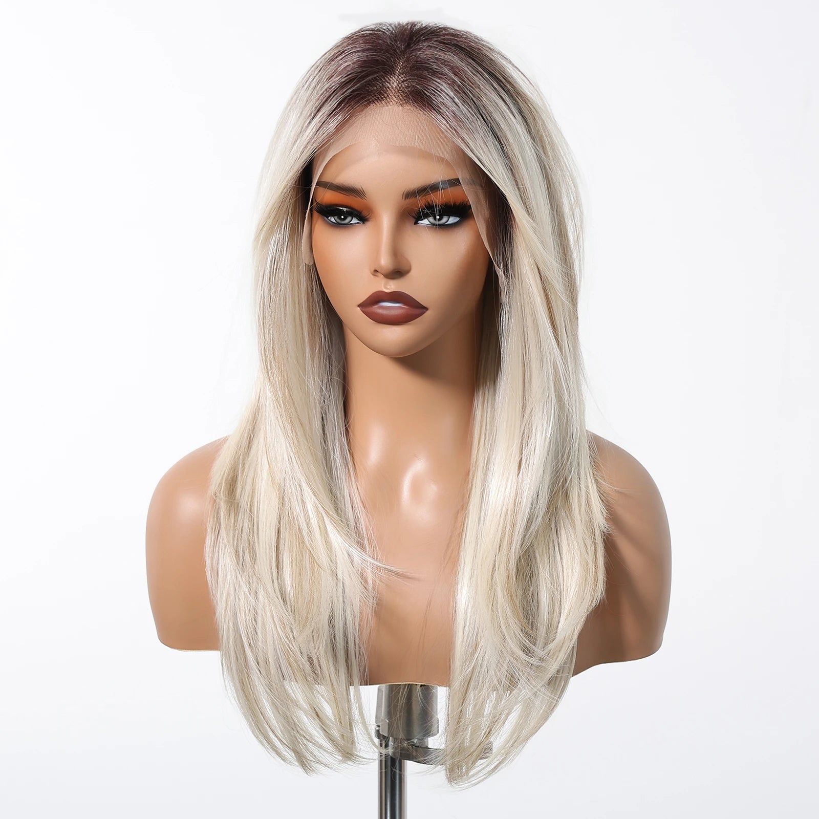 Glow with confidence wearing this ombre blonde platinum 13x6 lace frontal wig—long, straight, heat-resistant, and designed for a natural hairline, perfect for daily wear! -