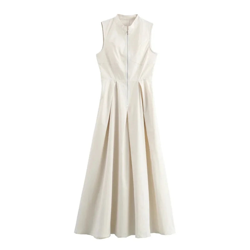 MUJER Zipper Long Dress Woman Pleated Sleeveless Bodycon Dress Summer Elegant Party Dresses For Women 2025 New Midi Dresses -