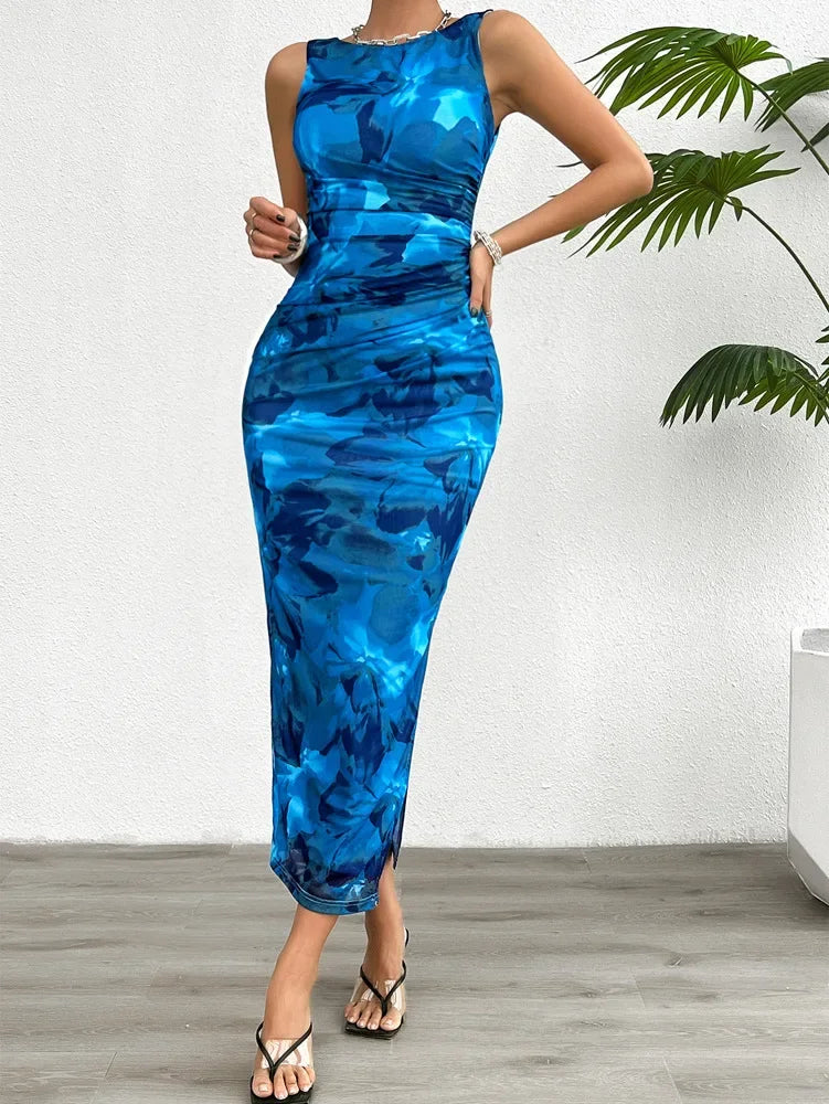 Women's Round Neck Style Slimming Sleeveless Dress With Split Bottom -